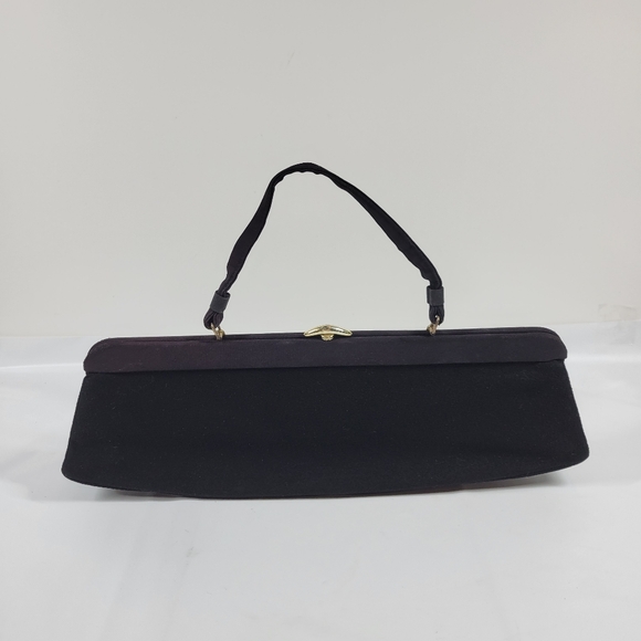 Vtg 40's Black Wool East West Bag Purse Single Handle - Picture 1 of 14